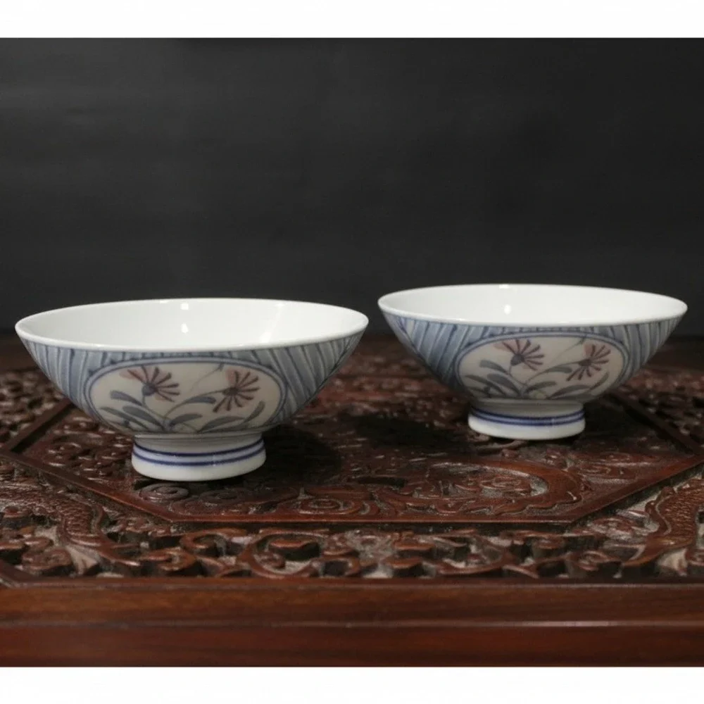 Pier 1 Imports Floral Porcelain Rice Bowls, Set of 2, Vintage Footed Asian-Style